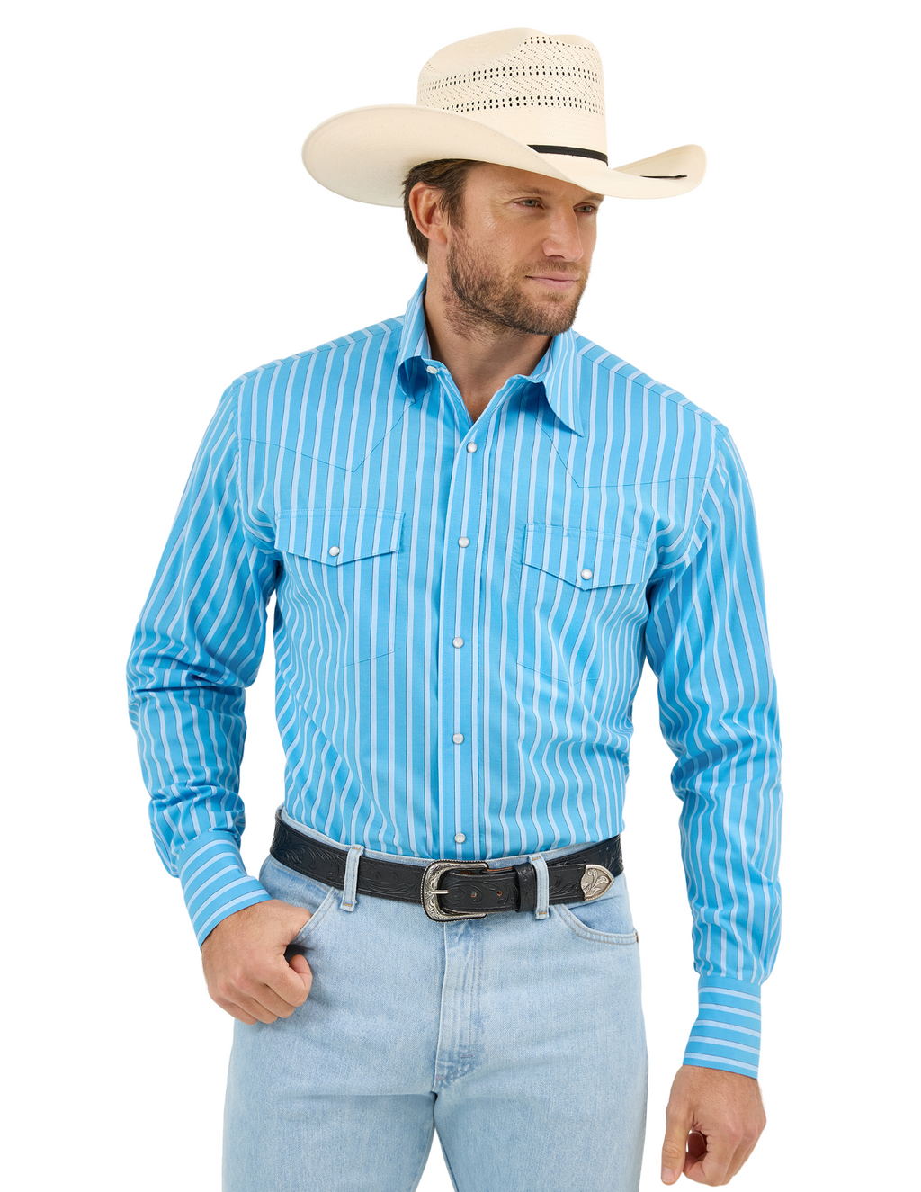 Wrangler Mens Blue Stripe Long Sleeve Shirt