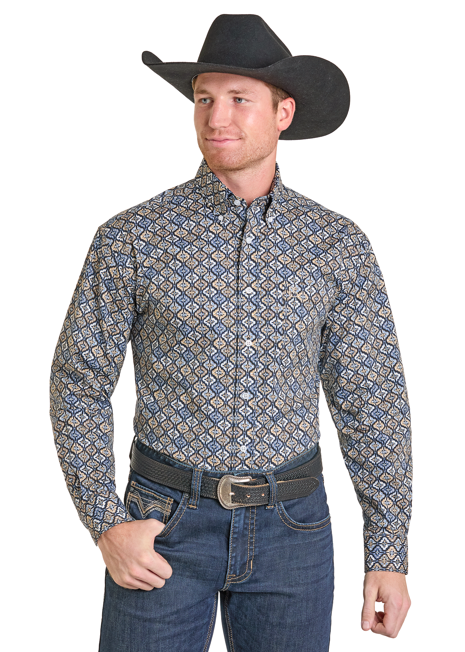 Panhandle Mens Natural Navy Long Sleeve Shirt