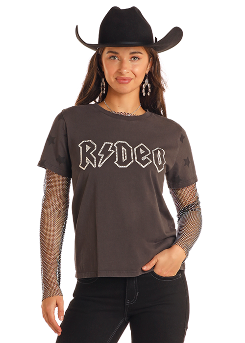 Panhandle Womens Charcoal Rhinestone Rodeo Graphic T-Shirt