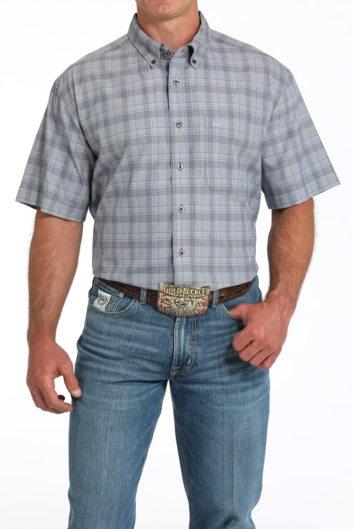 Cinch Mens Grey Plaid Short Sleeve Shirt