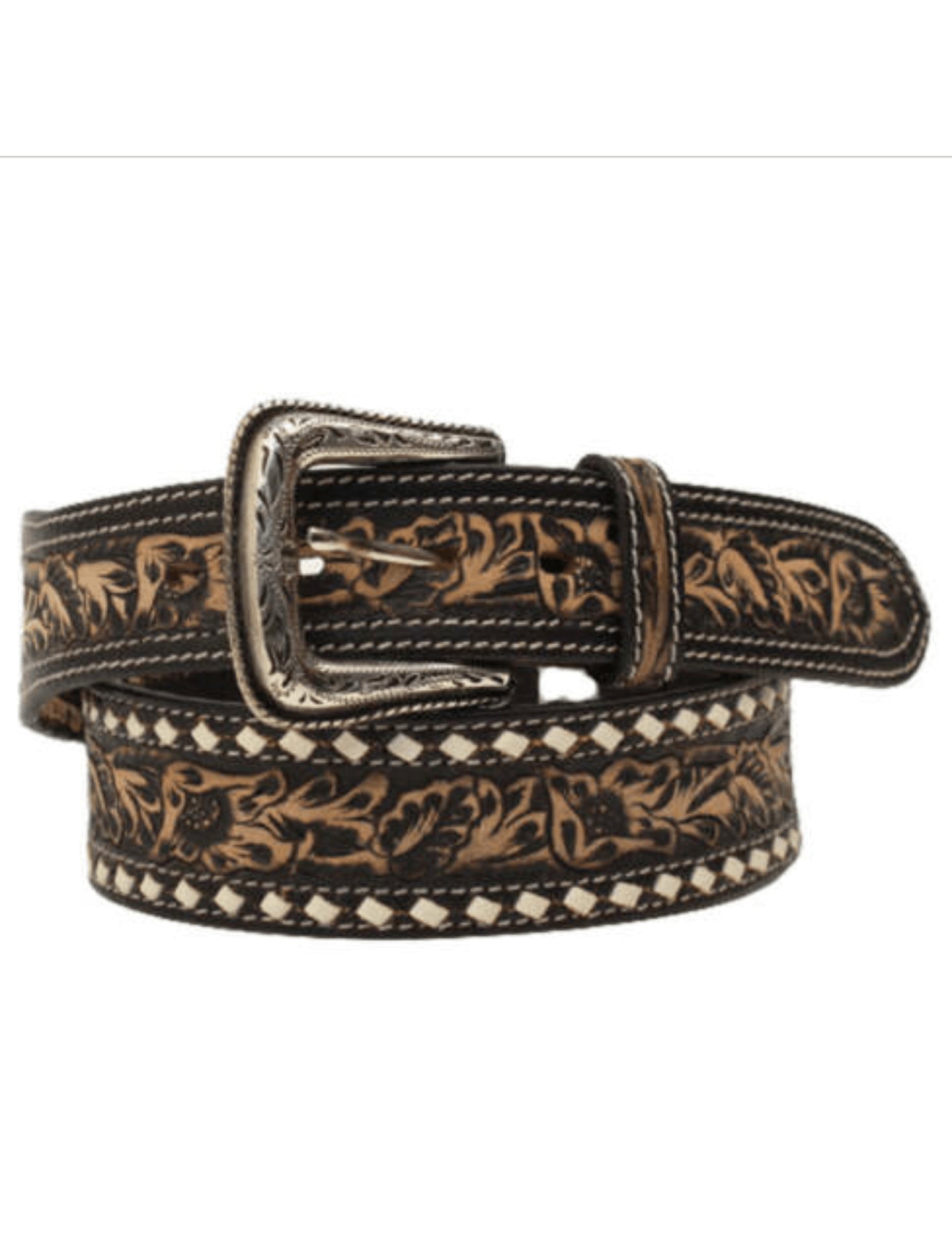 M&f Western Mens Nocona Floral Tooled Buckstitch Distressed Black Belt