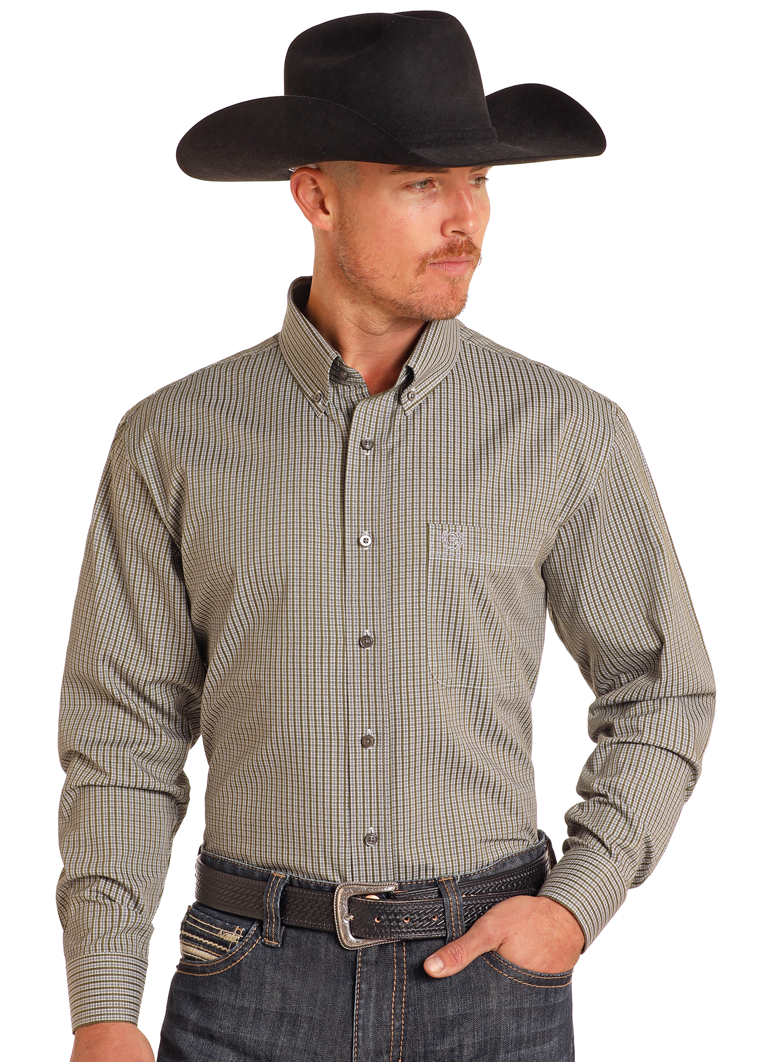 Panhandle Slim Mens Olive Check Print Long Sleeve