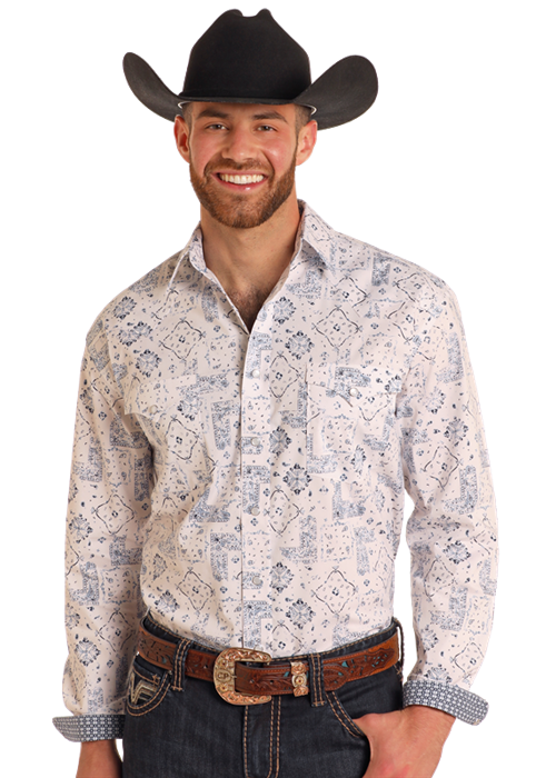 Panhandle Mens Bue Printed Long Sleeve Shirt