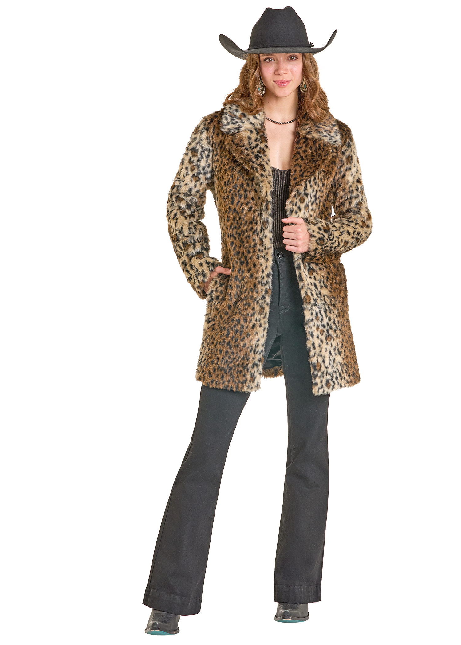 Panhandle Womens Leopard Faux Fur Coat