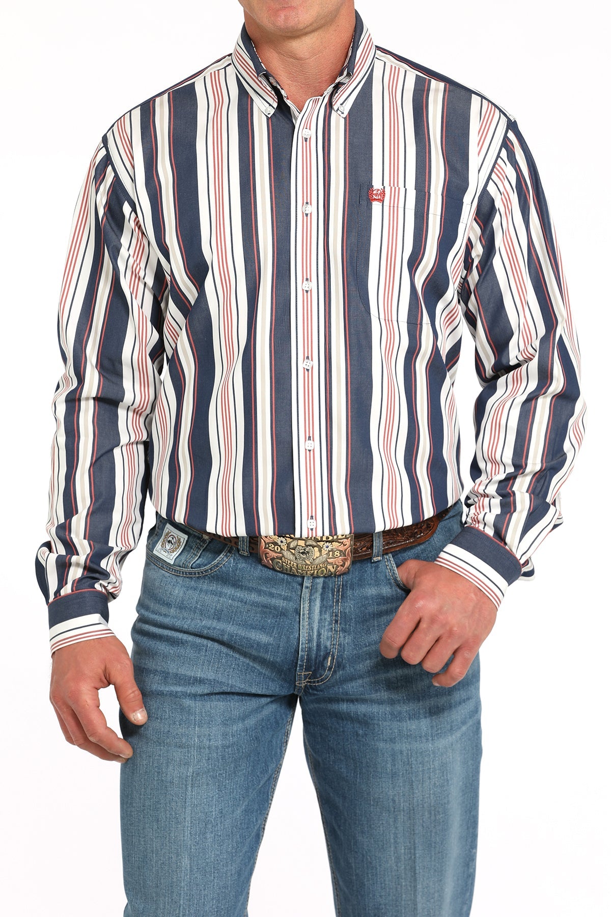 Cinch Mens Navy Striped Long Sleeve Shirt