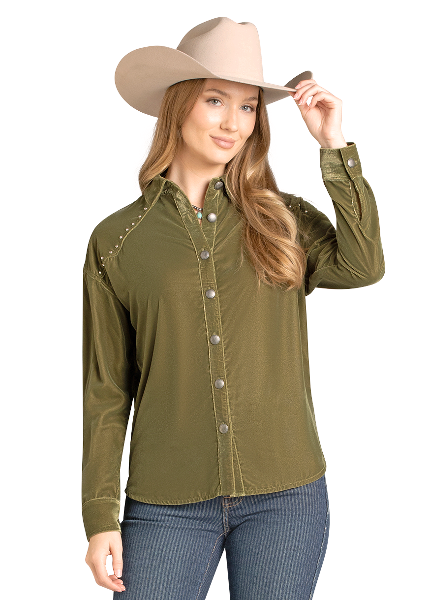 Panhandle Womens Olive Velvet Studded Long Sleeve Shirt