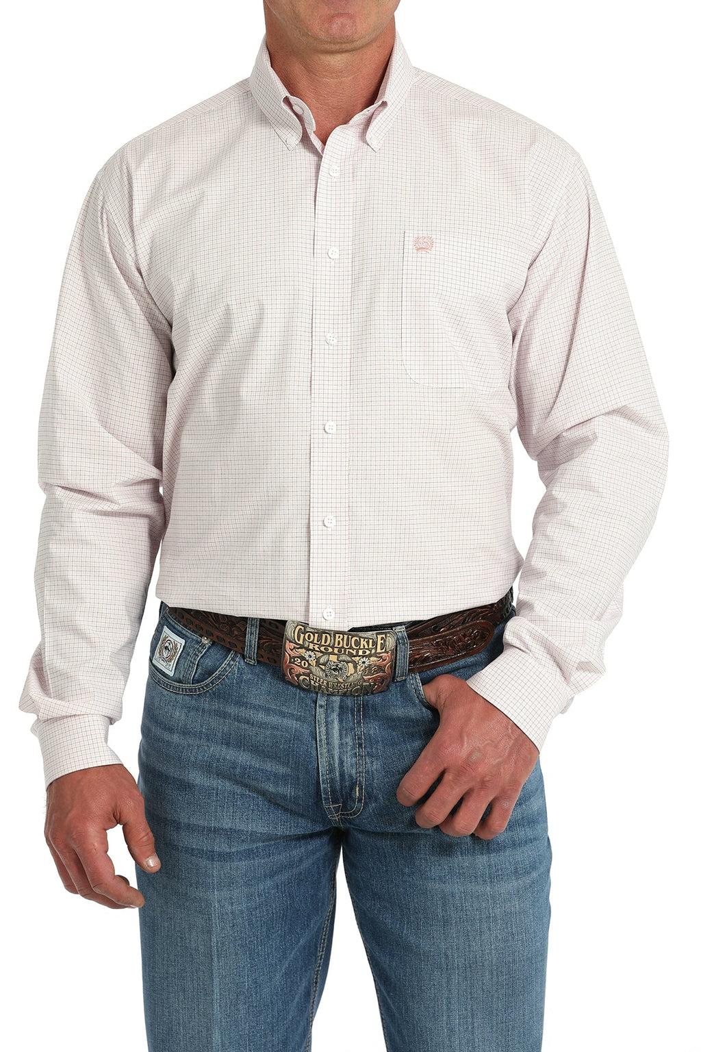Cinch Mens White Plaid Long Sleeve Shirt