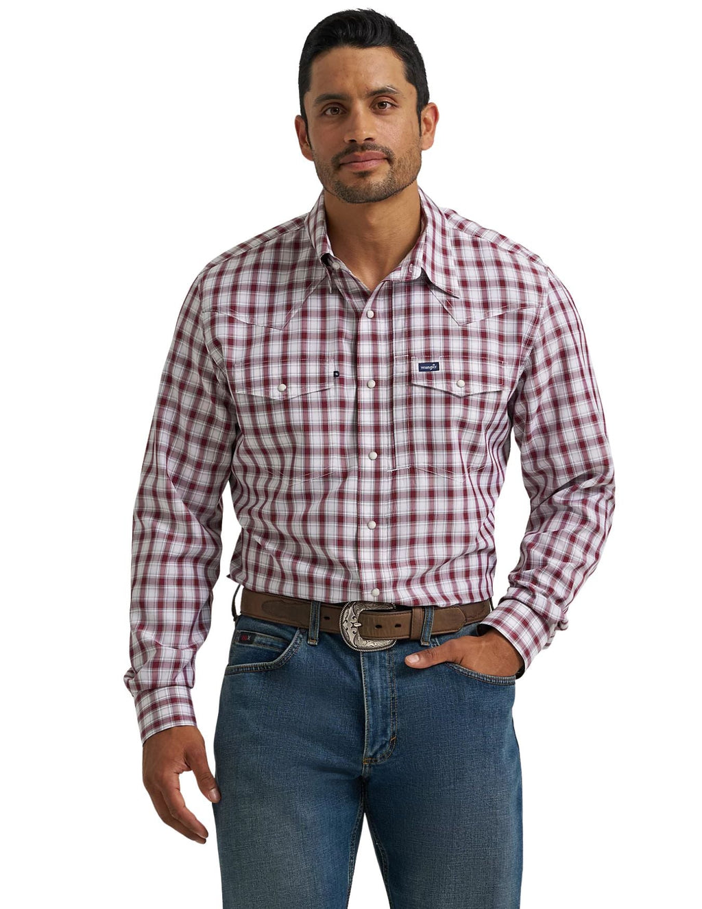 Wrangler Mens Red Performance Snap Long Sleeve Plaid Shirt