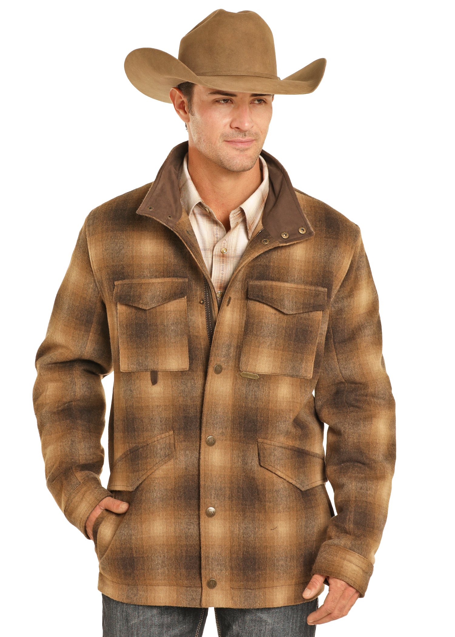 Panhandle Mens Brown Plaid Heavy Brushed Wool Jacket