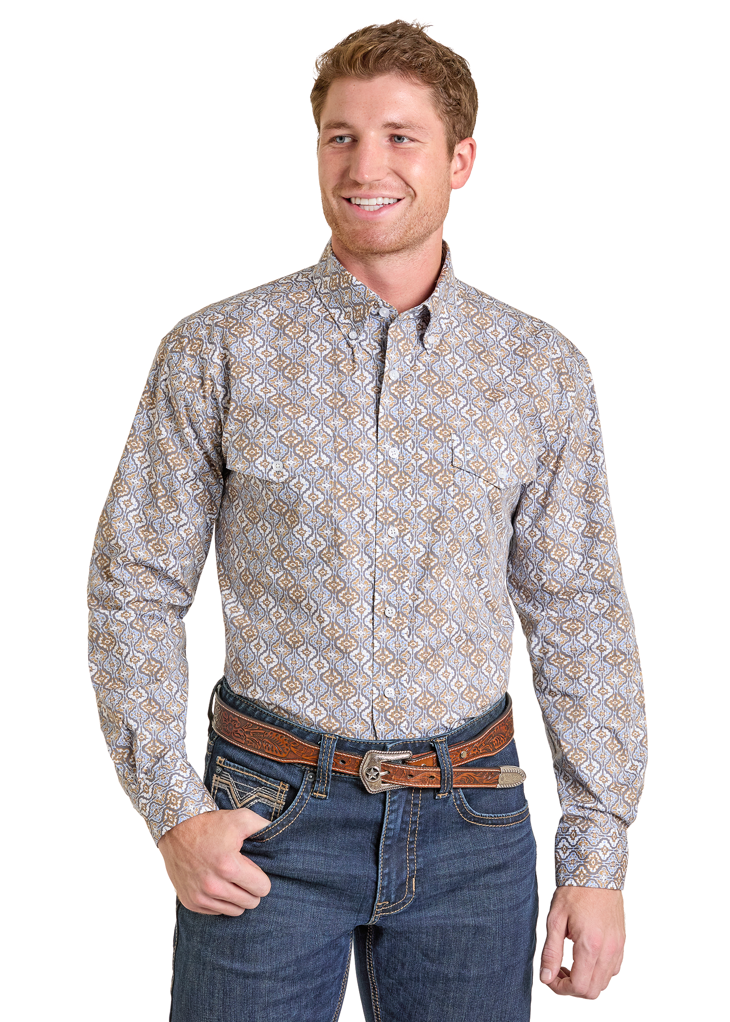 Panhandle Mens Grey Print Long Sleeve Shirt