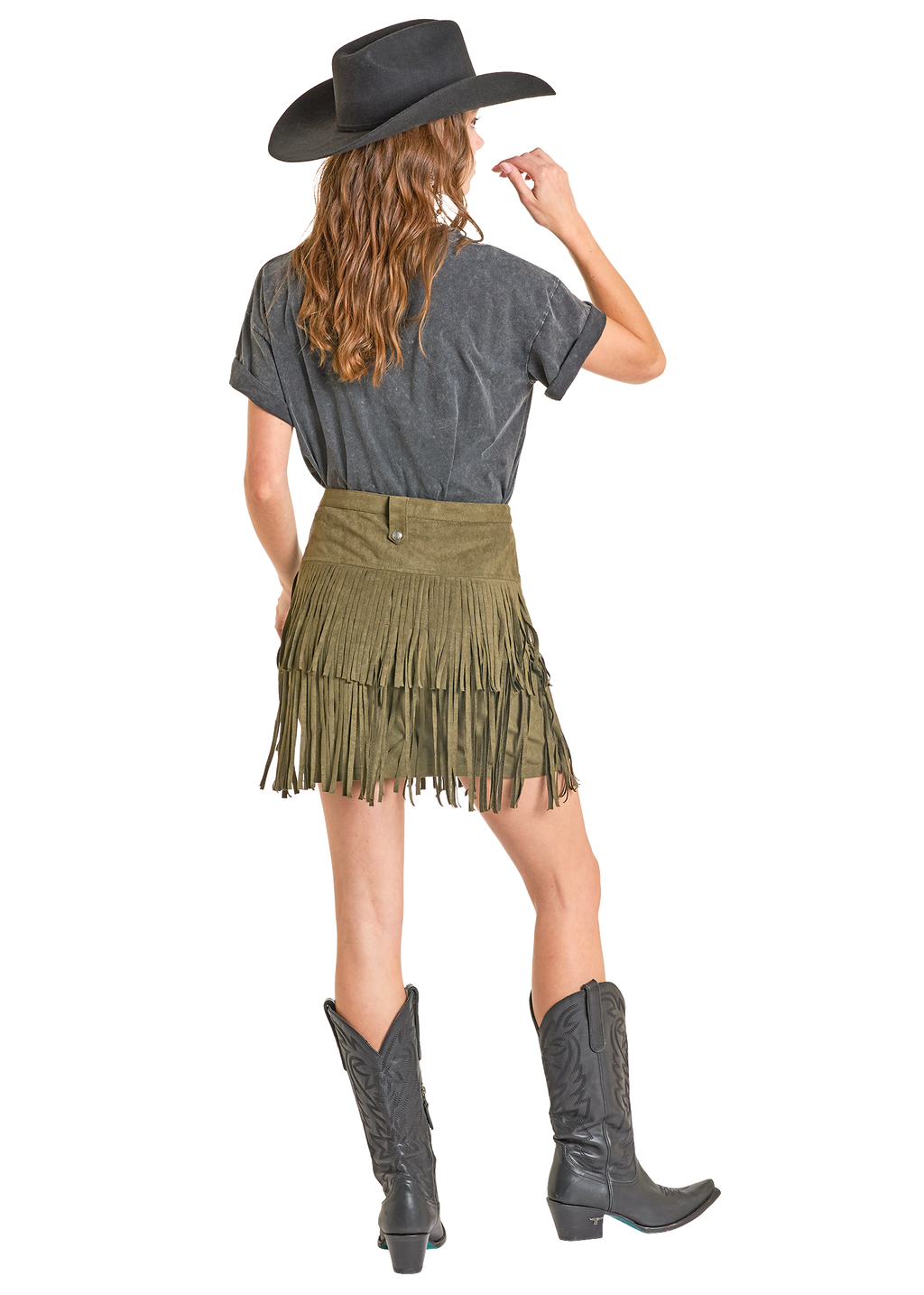 Panhandle Womens Olive Microsuede Fringe Belted Skirt