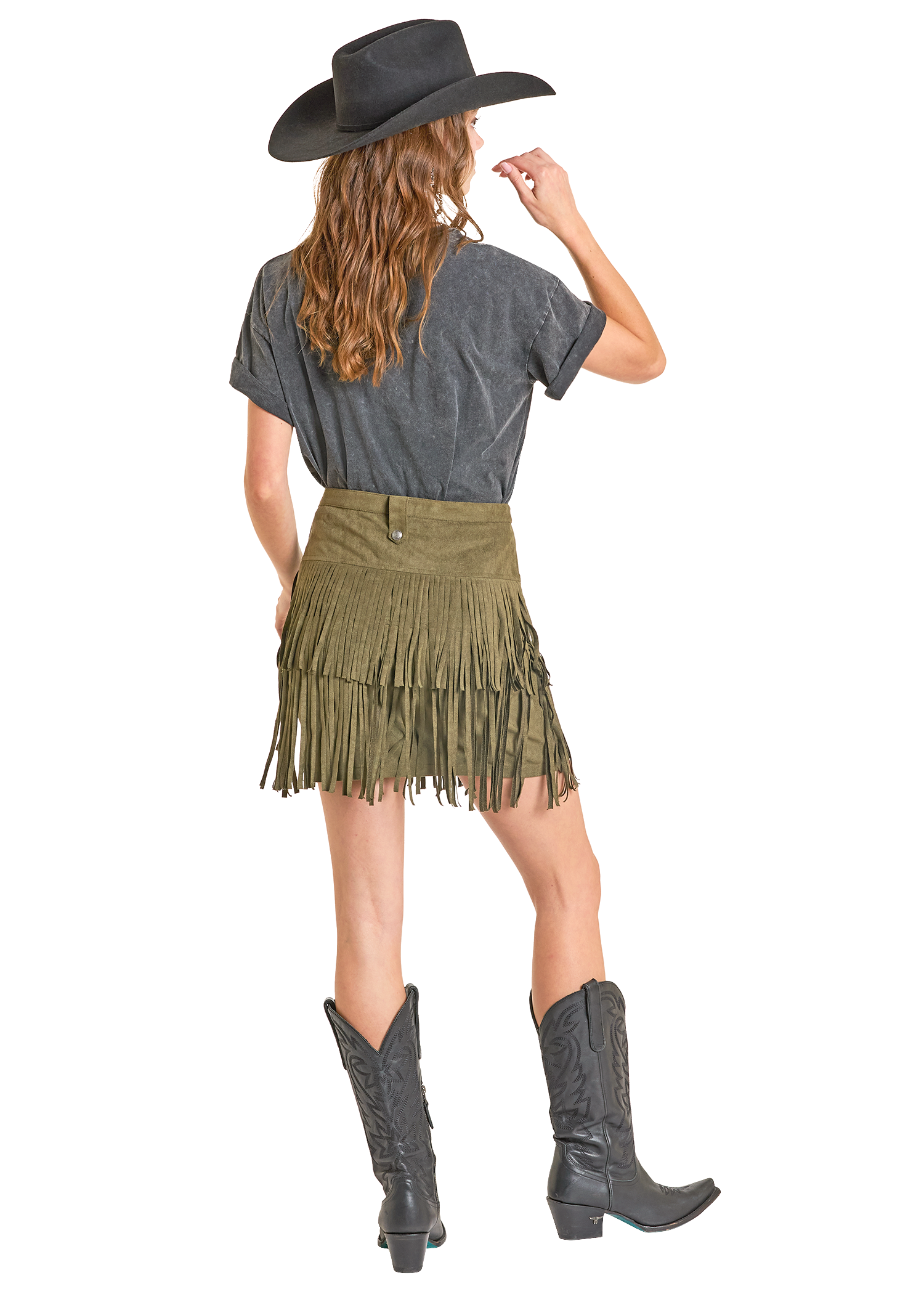 Panhandle Womens Olive Microsuede Fringe Belted Skirt
