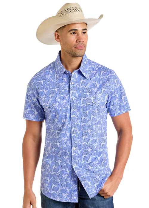 Panhandle Mens Blue Paisley Pearl Snap Shirt
