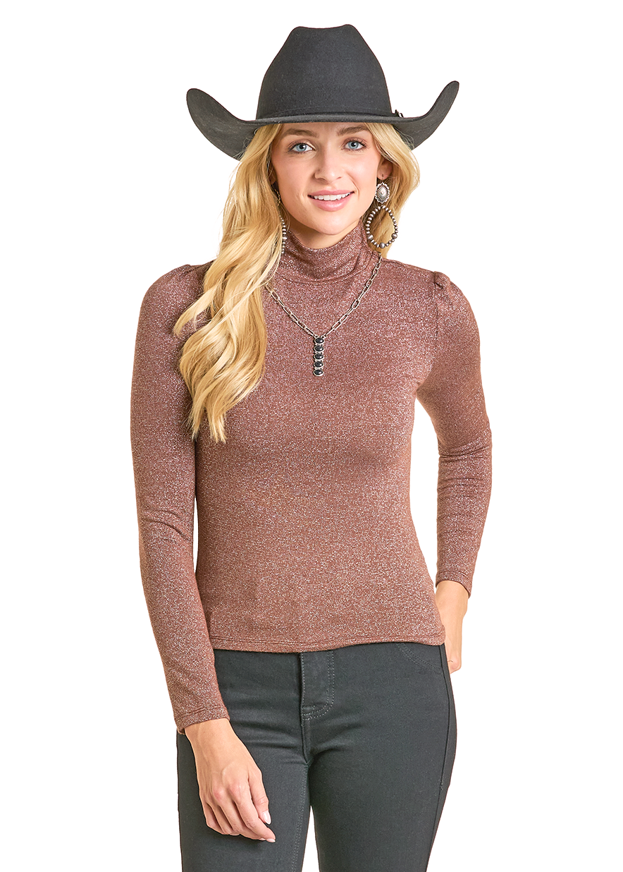 Panhandle Womens Brown Shimmer Turtleneck Top