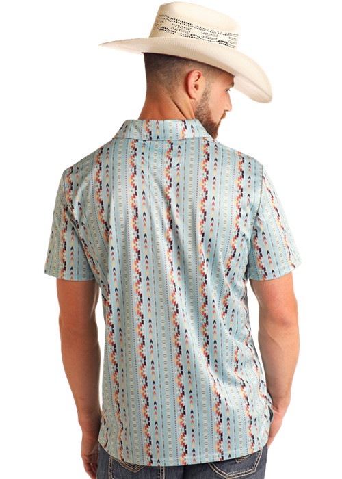 Panhandle Mens Sky Blue Striped Aztec Print Polo