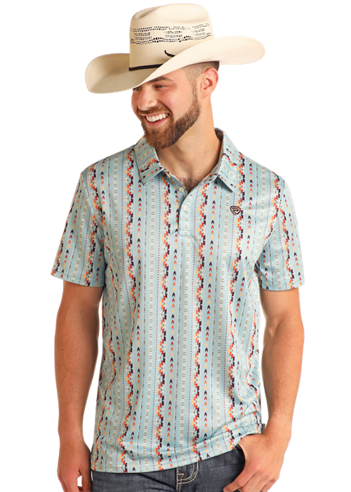 Panhandle Mens Sky Blue Striped Aztec Print Polo
