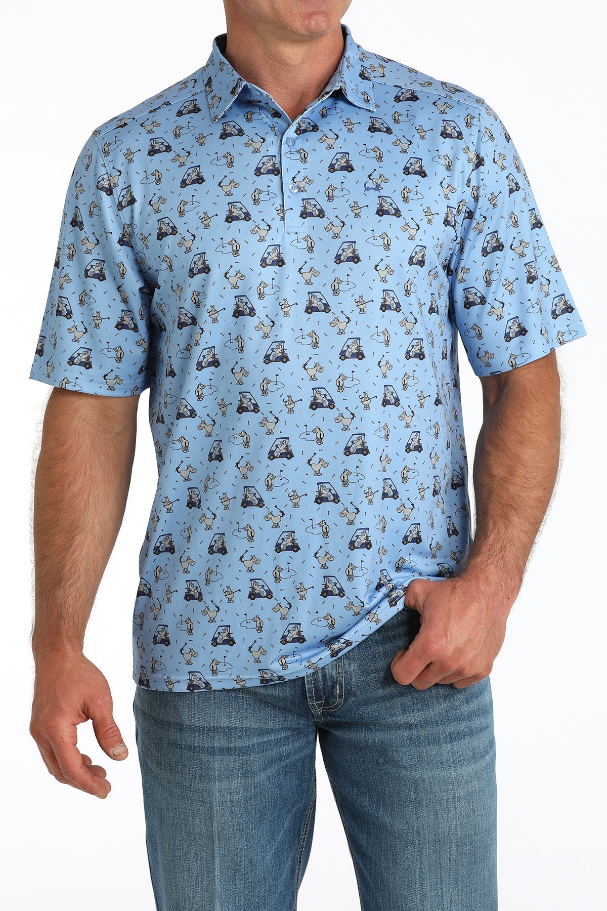 Cinch Mens Light Blue Animal Golf Cart Print Polo