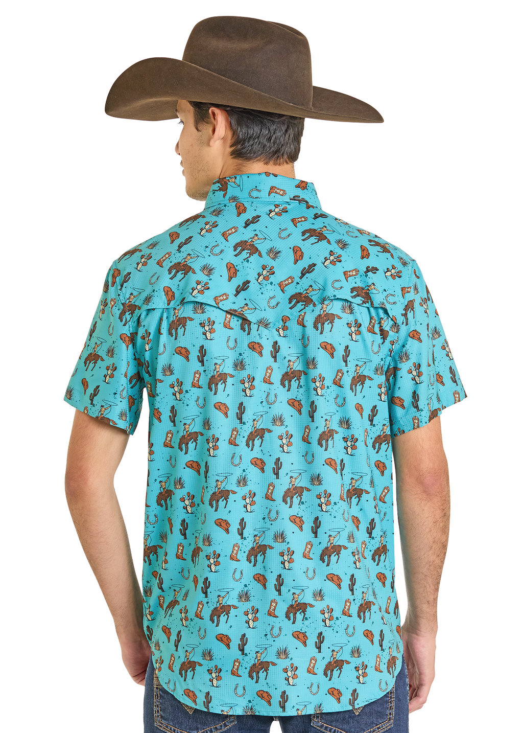 Panhandle Mens Turquoise Western Novelty Print Short Sleeve Shirt