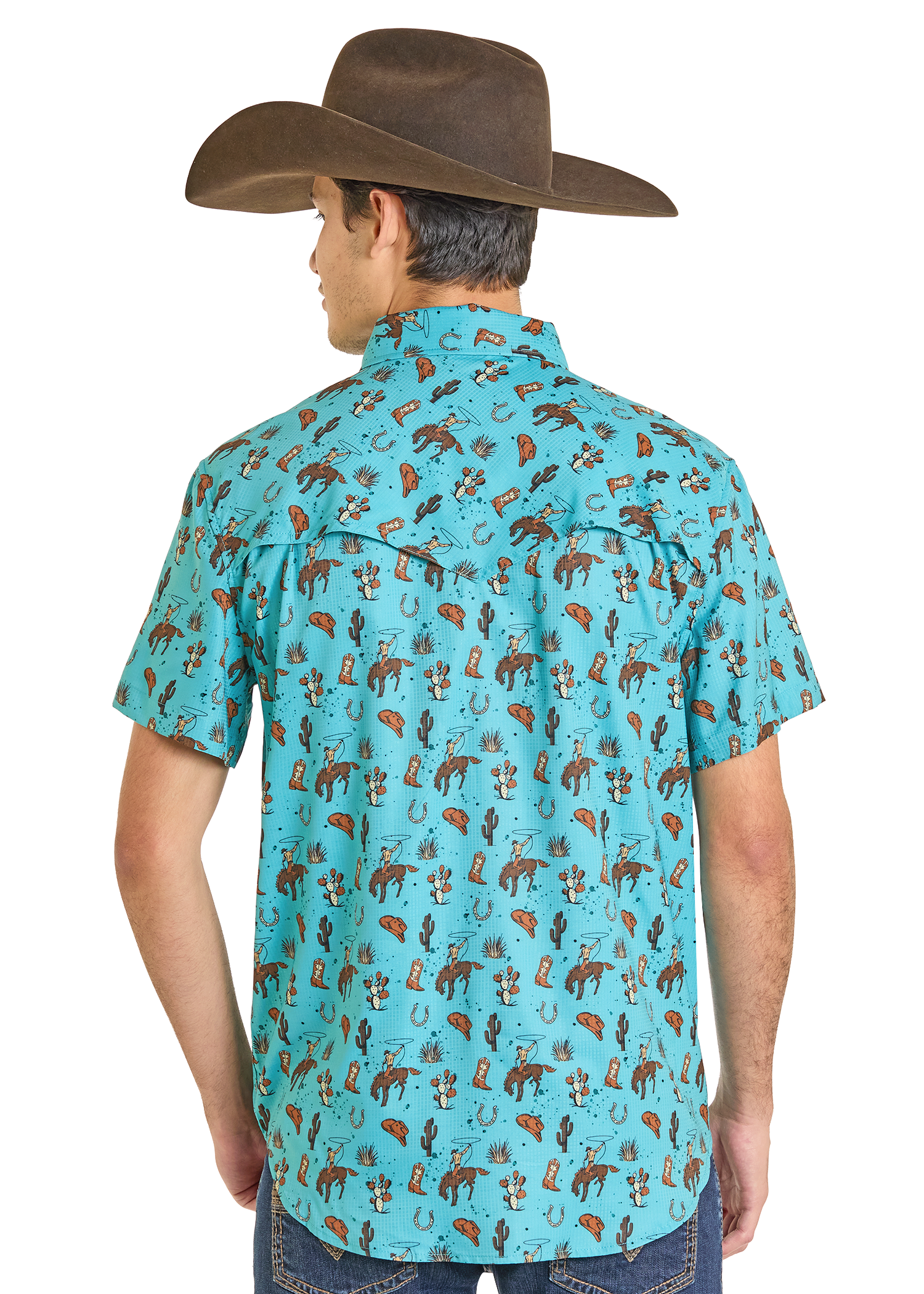 Panhandle Mens Turquoise Western Novelty Print Short Sleeve Shirt