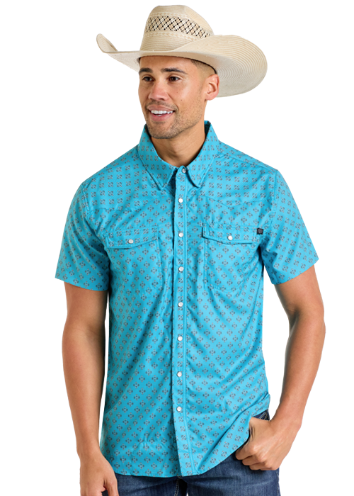 Panhandle Mens Teal Geo Print Short Sleeve Shirt