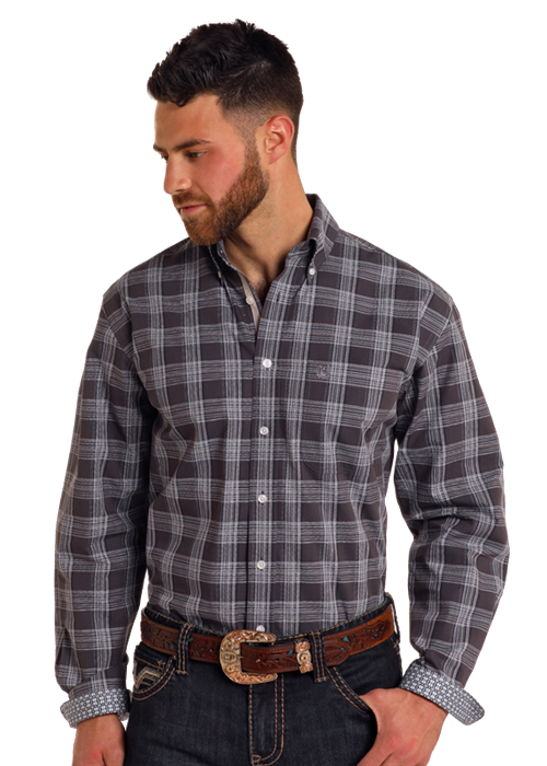Panhandle Mens Navy Plaid Long Sleeve Shirt