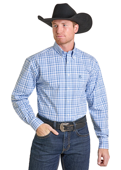 Panhandle Mens Blue Plaid Long Sleeve Shirt