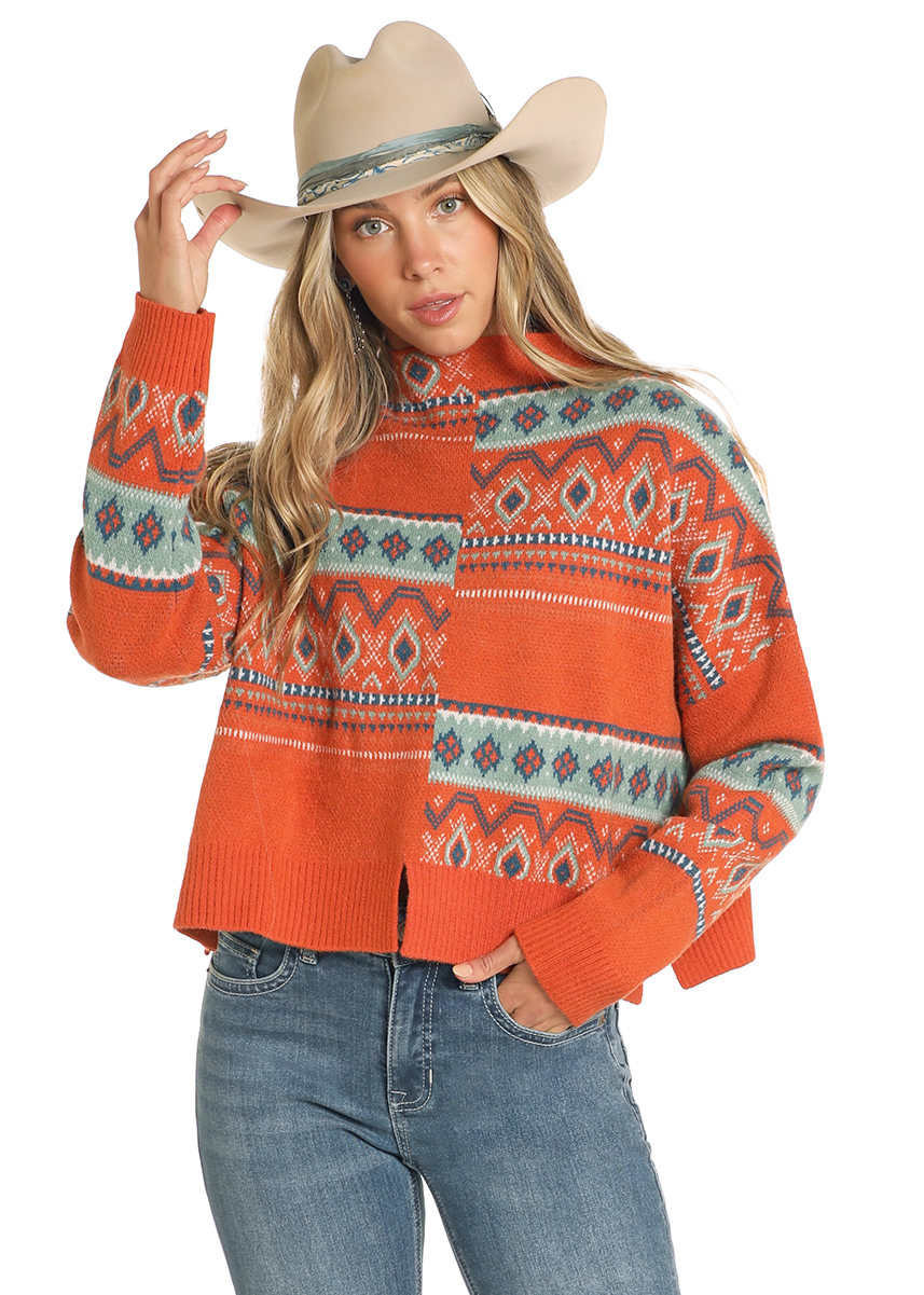 Panhandle Slim Womens Orange Modern Aztec Sweater