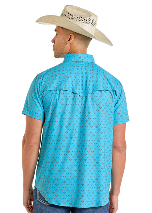 Panhandle Mens Teal Geo Print Short Sleeve Shirt