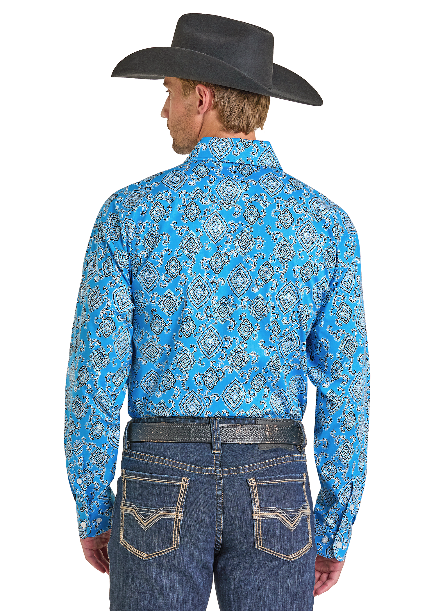 Panhandle Mens Turquoise Medallion Print Long Sleeve Shirt