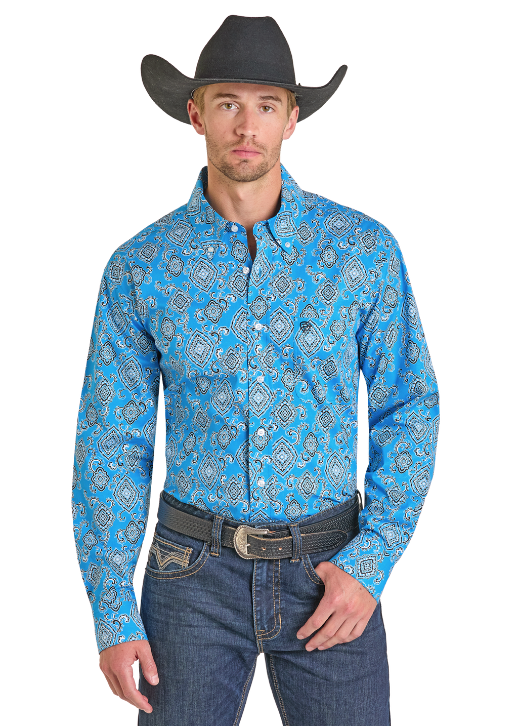 Panhandle Mens Turquoise Medallion Print Long Sleeve Shirt