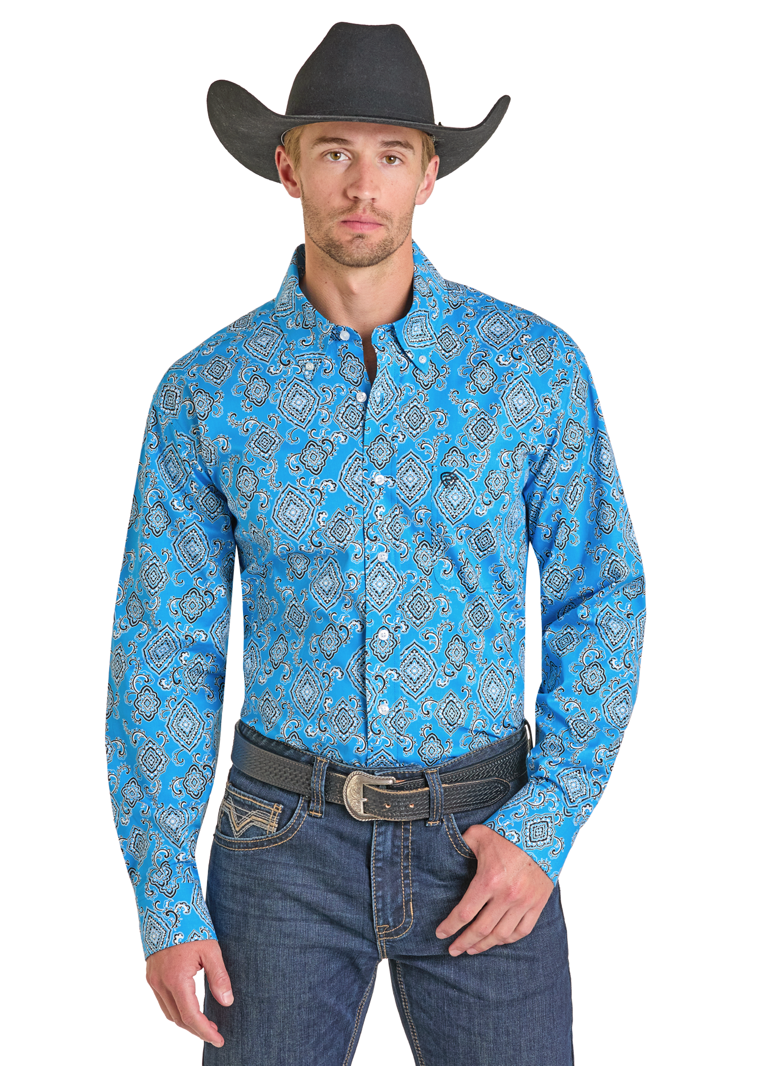 Panhandle Mens Turquoise Medallion Print Long Sleeve Shirt