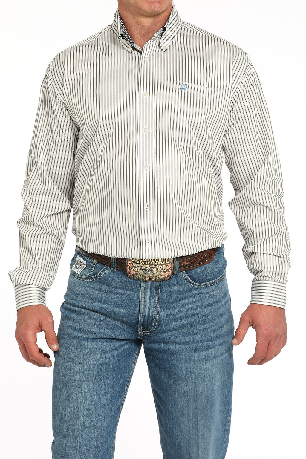 Cinch Mens Cream Striped Long Sleeve Shirt