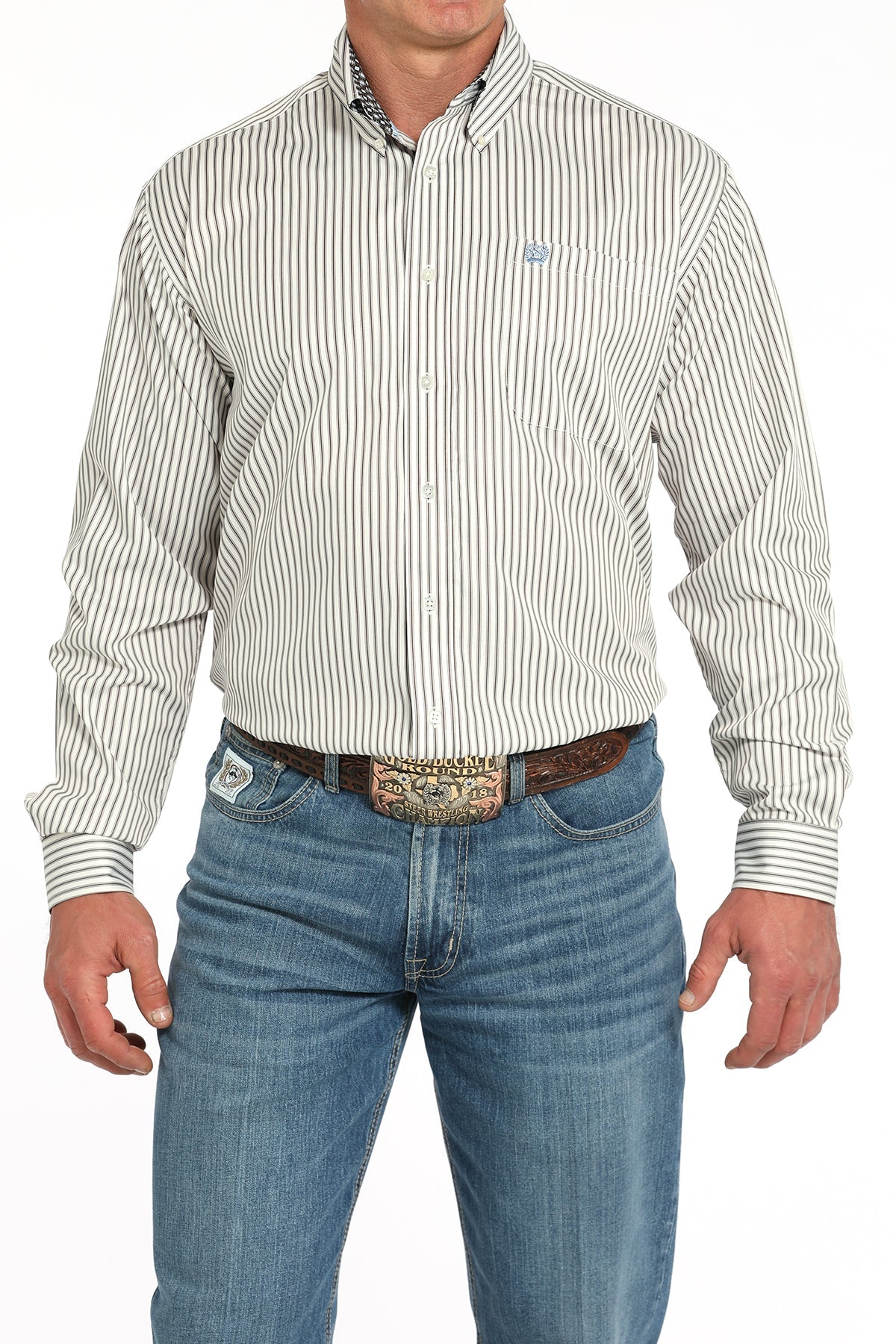 Cinch Mens Cream Striped Long Sleeve Shirt