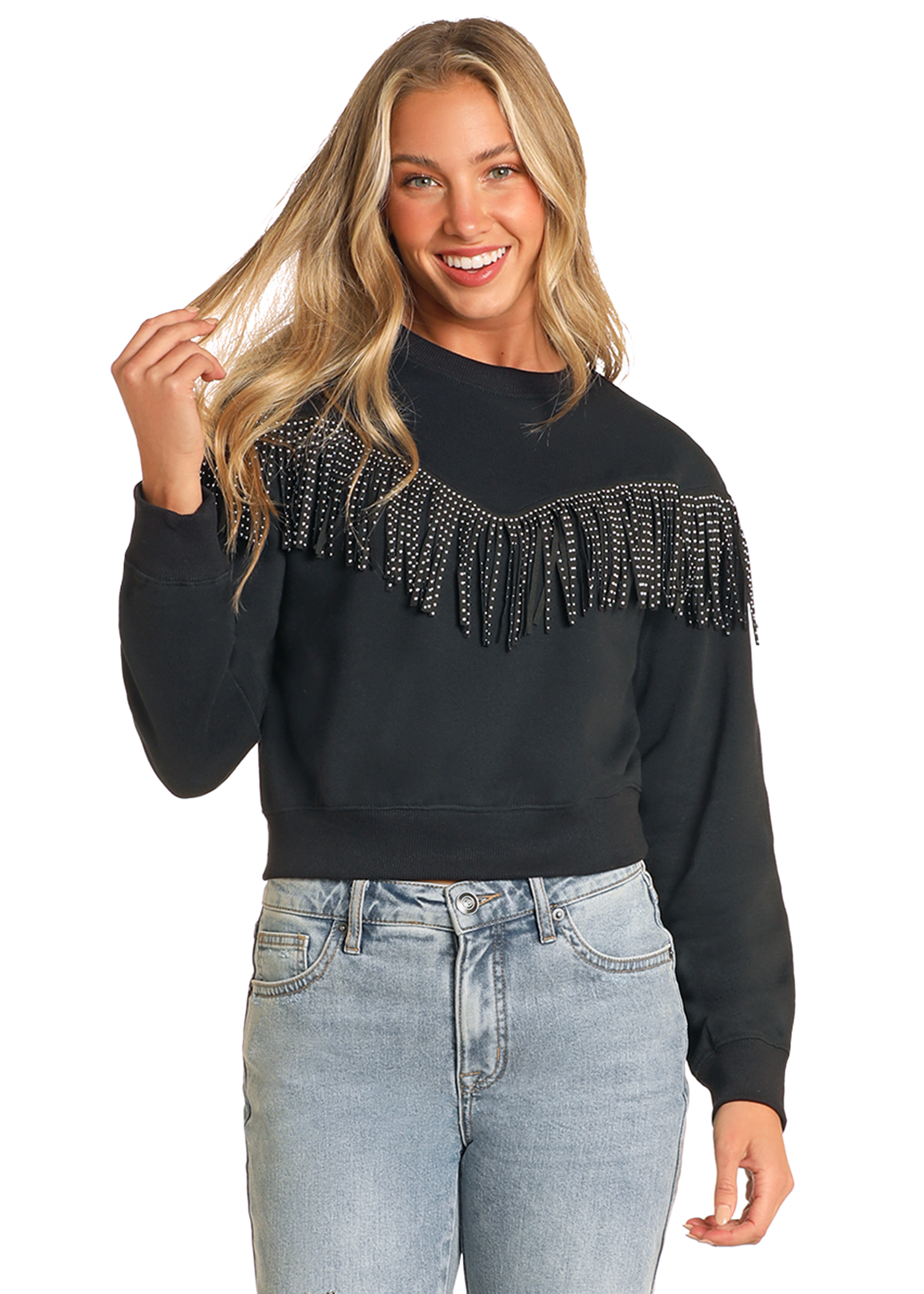 Panhandle Slim Womens Black Studded Fringe Pullover