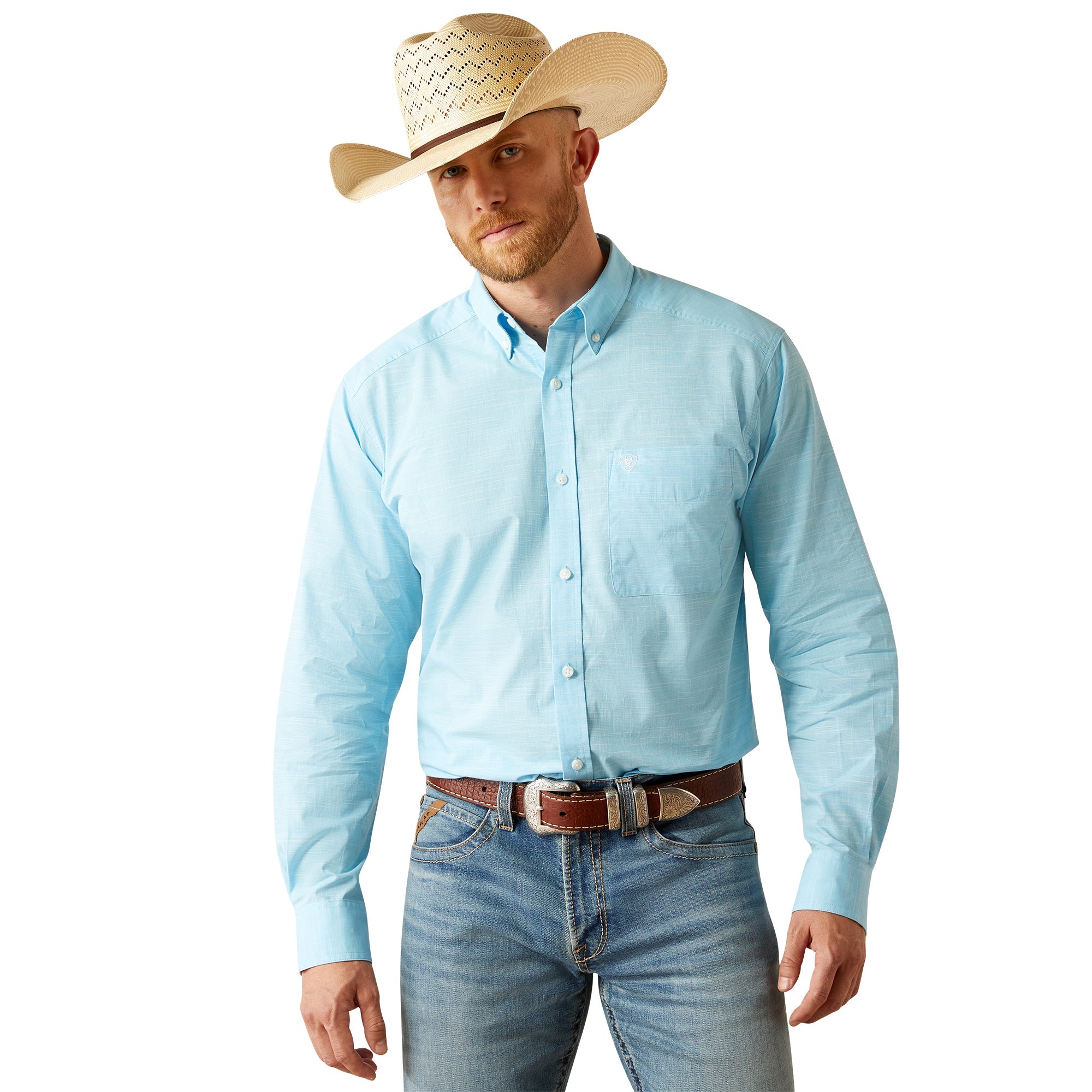 Ariat Mens Light Blue Solid Slub Classic Fit Shirt