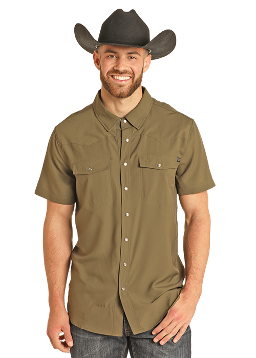 Panhandle Mens TEK Western Olive Short Sleeve Shirt