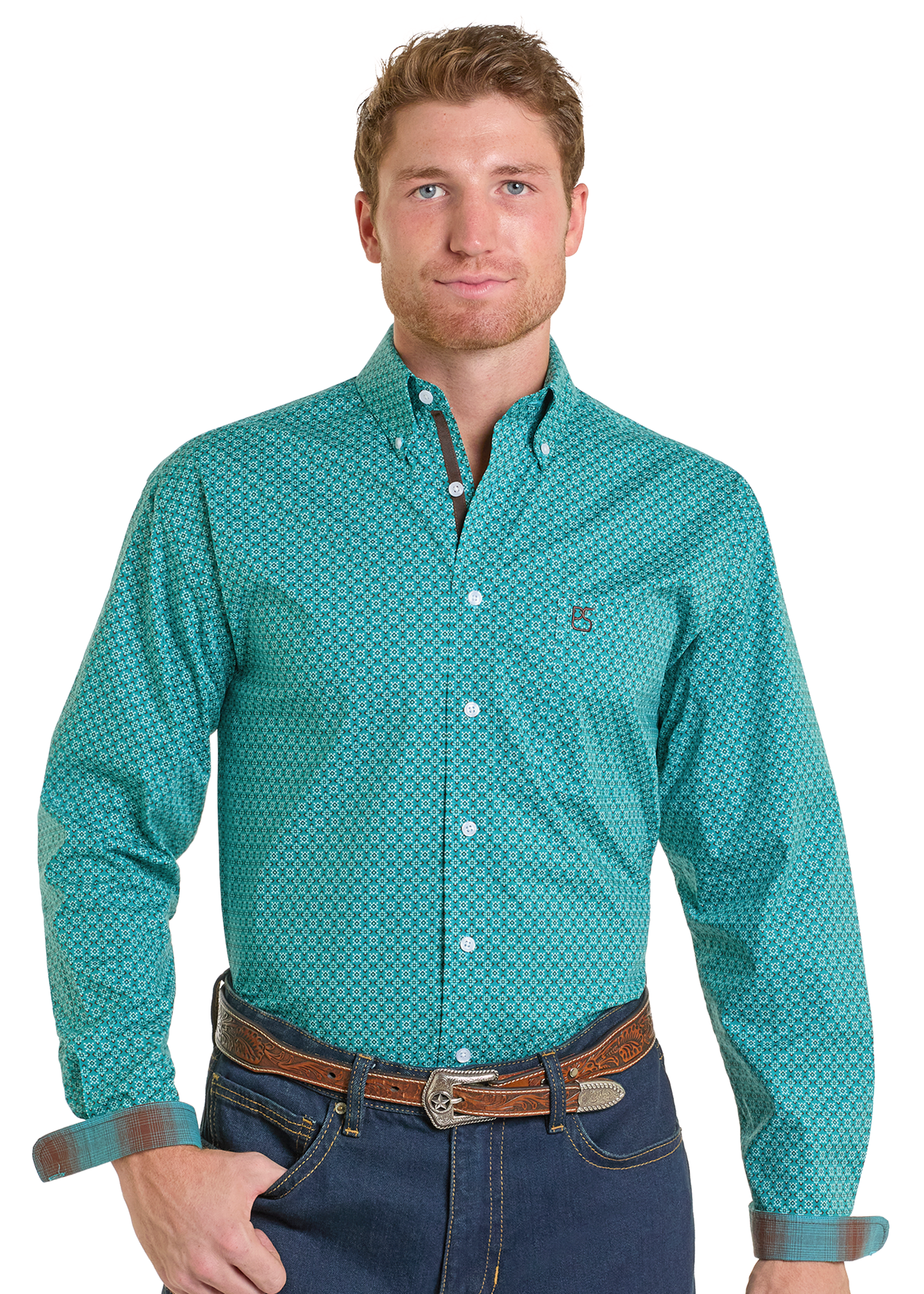 Panhandle Mens Modern Slim Turquoise Printed Long Sleeve Shirt