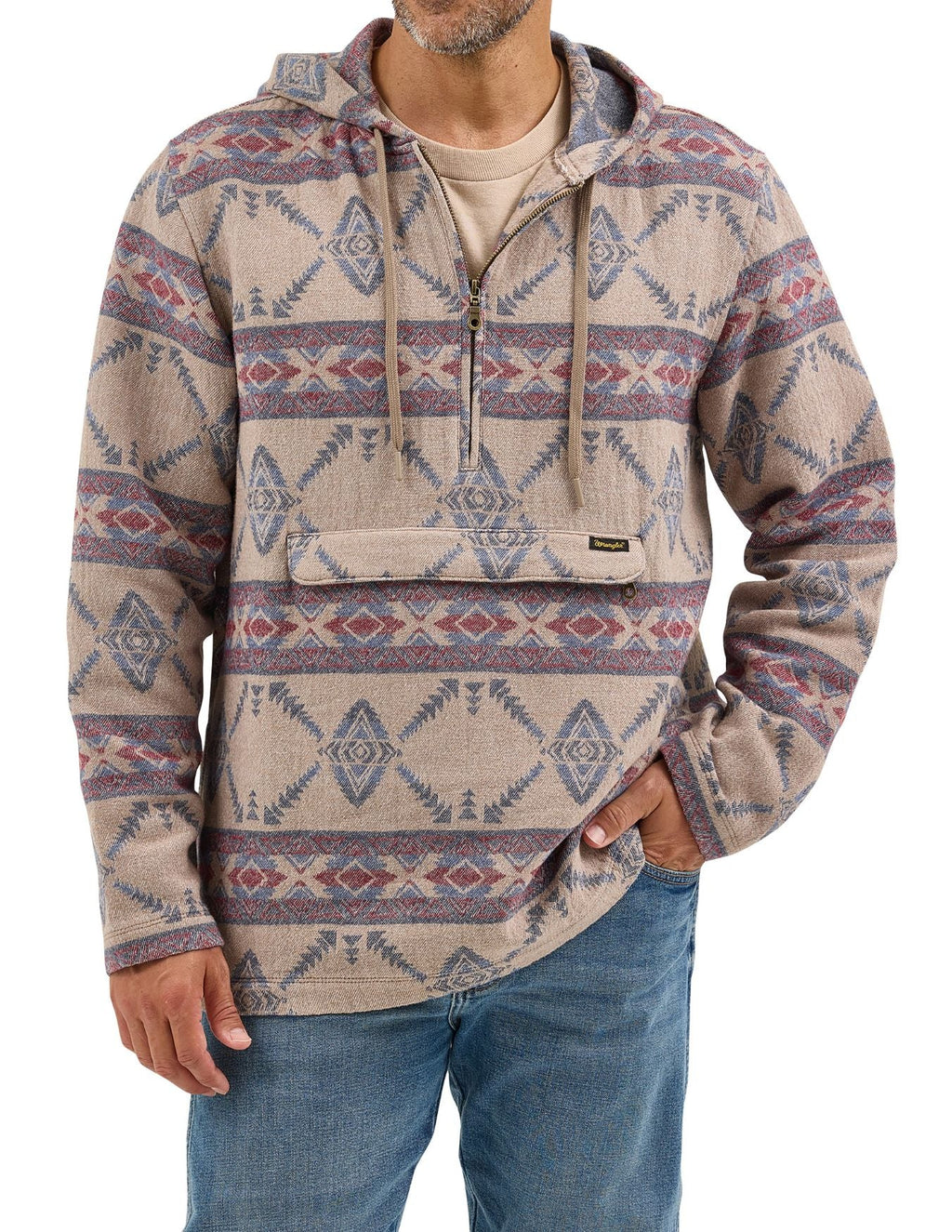 Wrangler Mens Jacquard Quarter Zip Hooded Popover Jacket