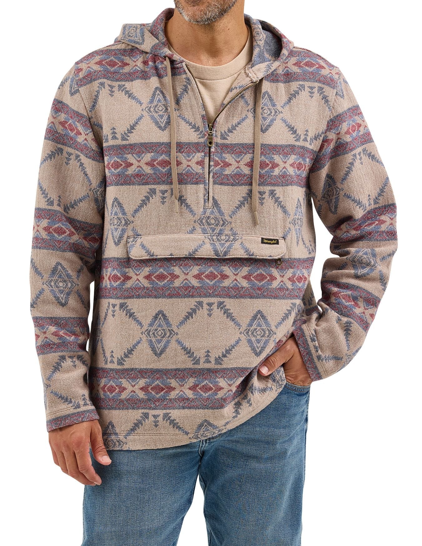 Wrangler Mens Jacquard Quarter Zip Hooded Popover Jacket