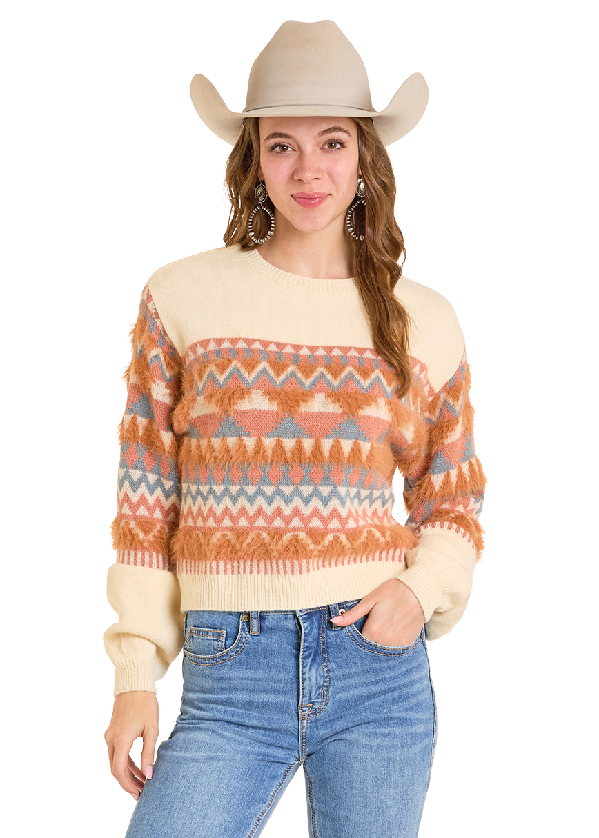 Panhandle Womens Natural Geo Stripe Sweater