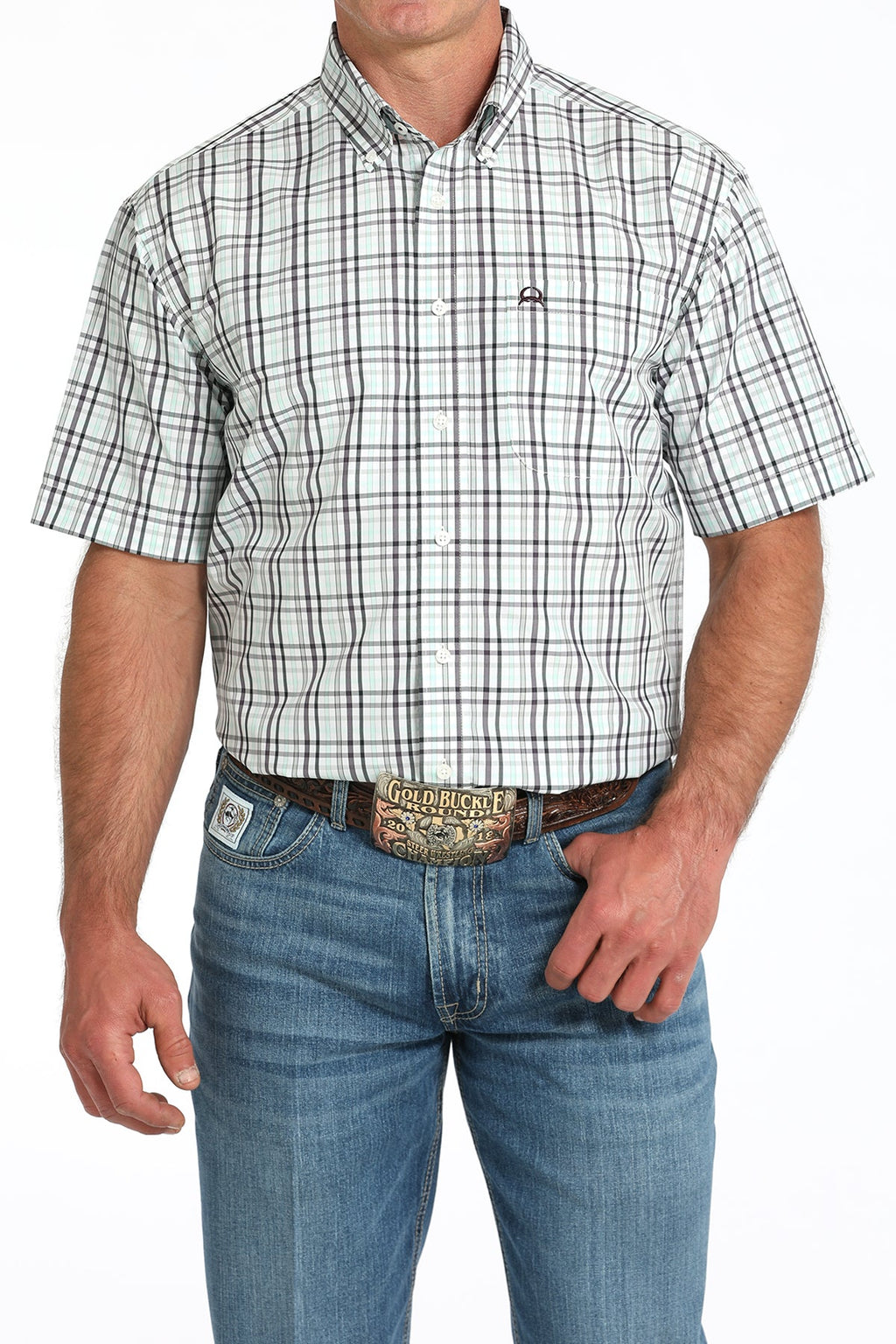 Cinch Mens White Plaid Arenaflex Short Sleeve Shirt