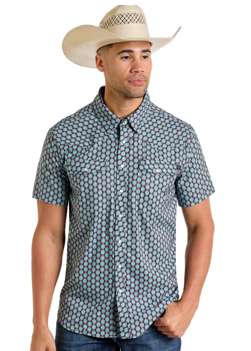 Panhandle Mens TEK Western Mini Aztec Print Short Sleeve Shirt