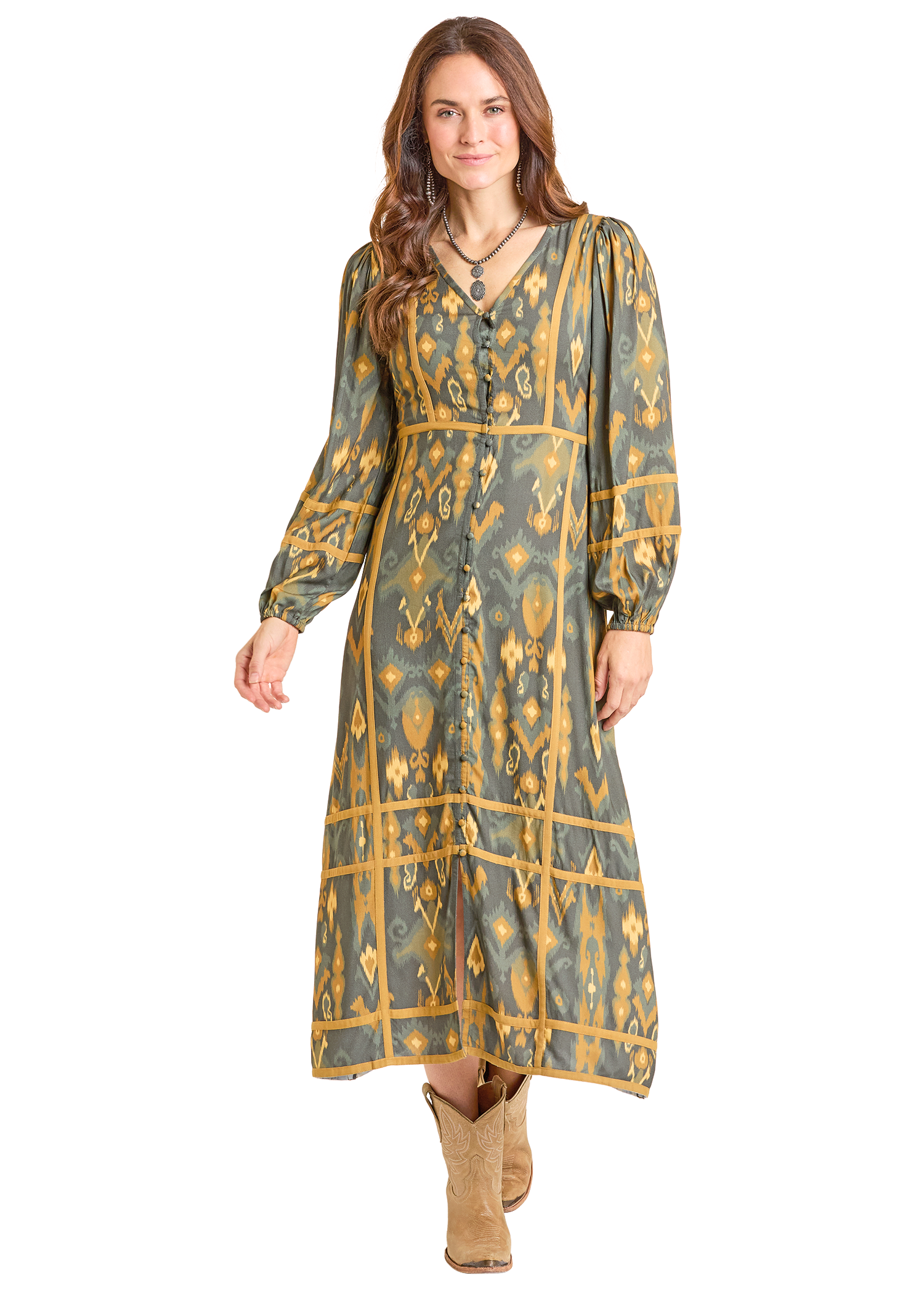 Panhandle Womens Olive Printed Midi Dress