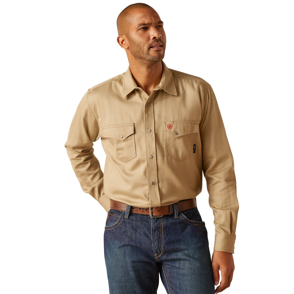 Ariat Mens FR Solid Khaki Long Sleeve Work Shirt