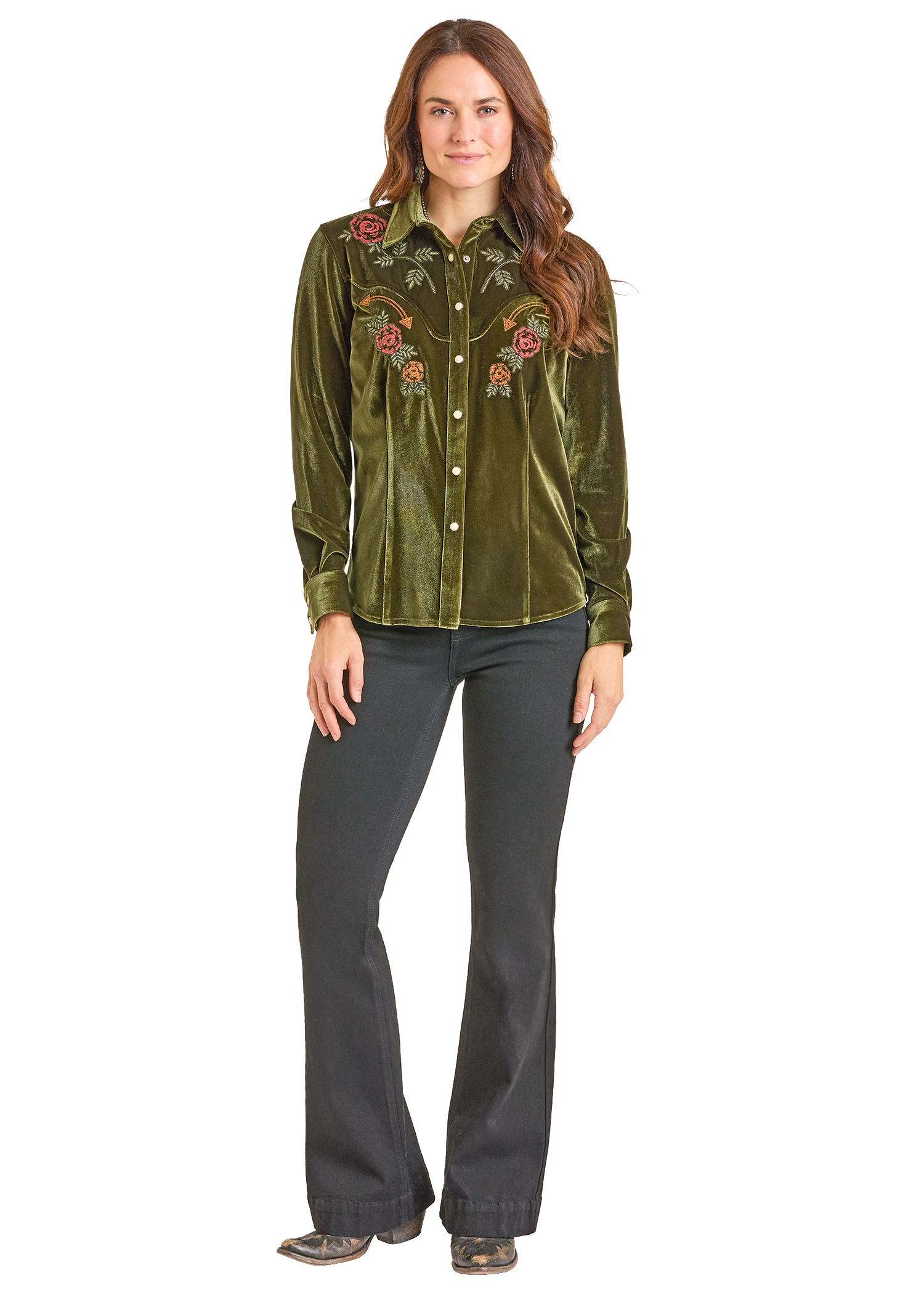 Panhandle Womens Velvet Embroidered Long Sleeve Shirt
