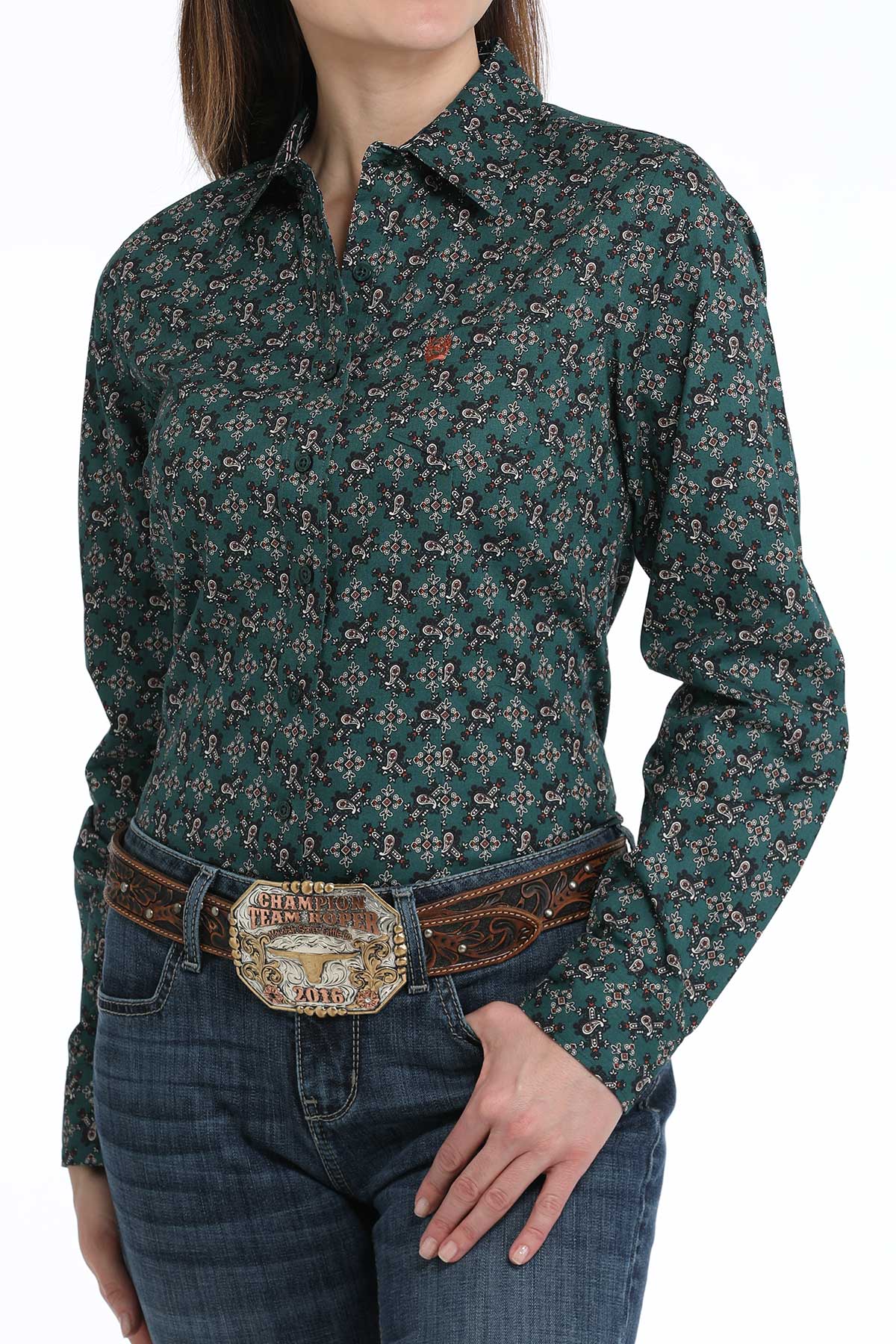Cinch Womens Green Paisley Print Long Sleeve Shirt