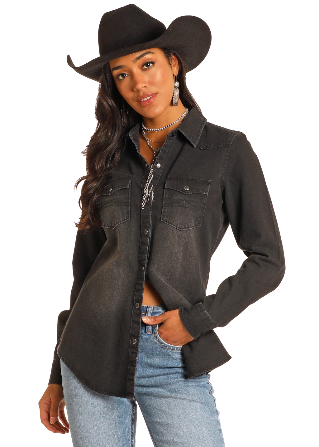 Panhandle Slim Womens Black Demin Long Sleeve Shirt