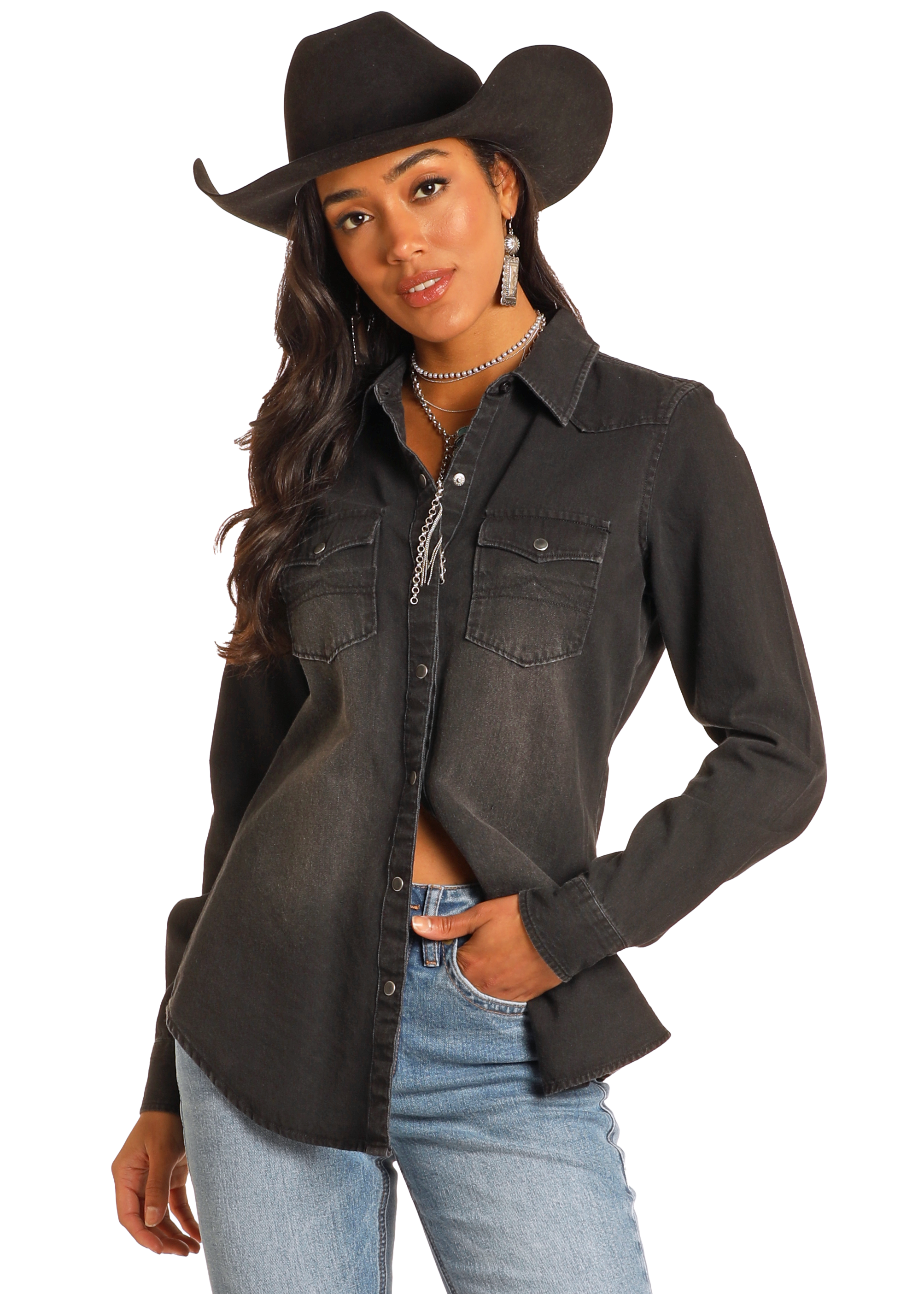 Panhandle Slim Womens Black Demin Long Sleeve Shirt