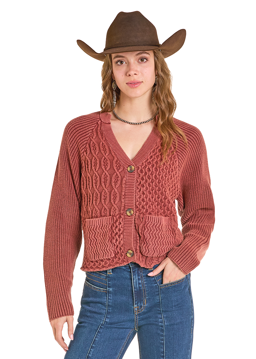 Panhandle Womens Rust Cord Knit Cardigan Sweater