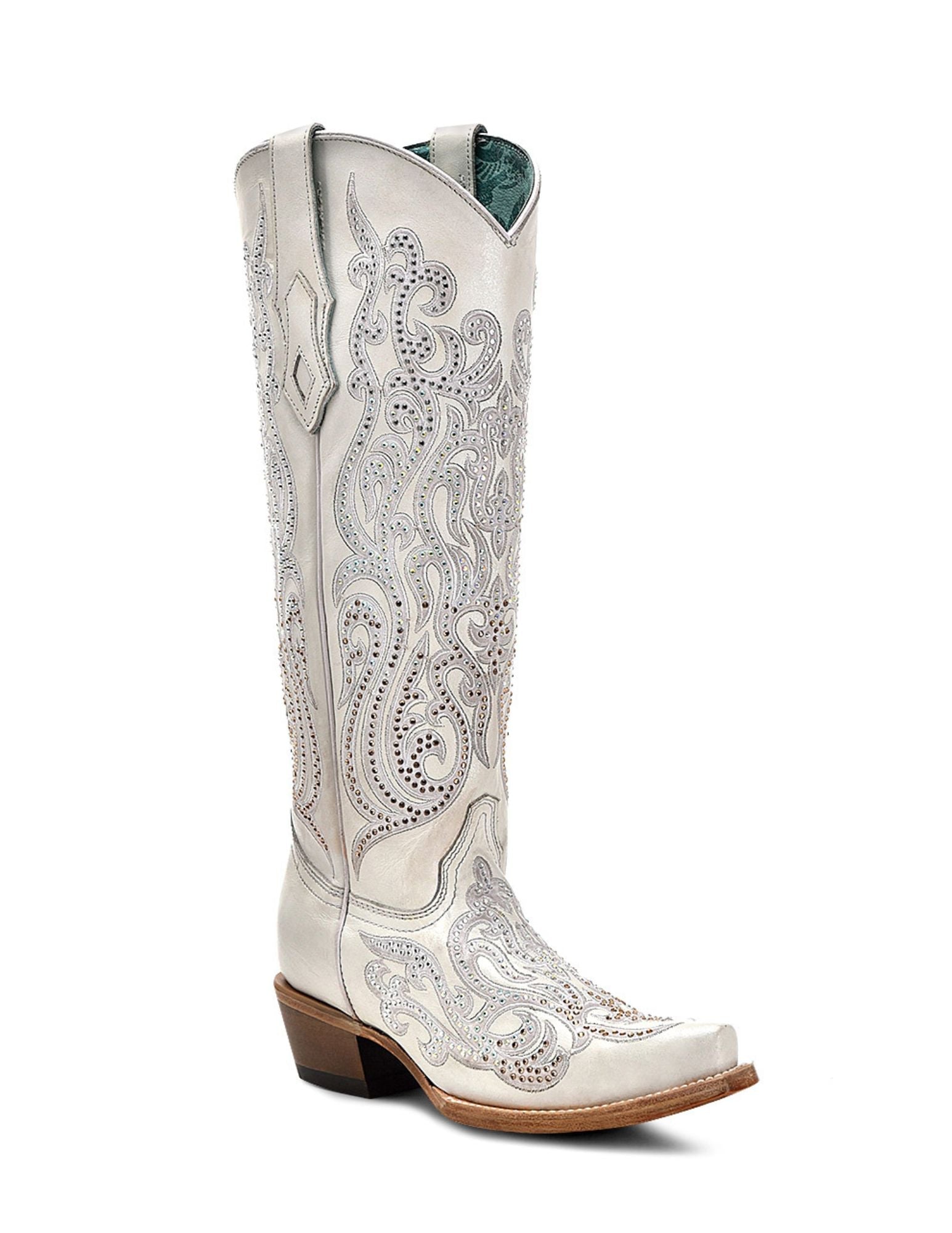 Corral Womens White Silver Overlay Crystal Tall Top Boots